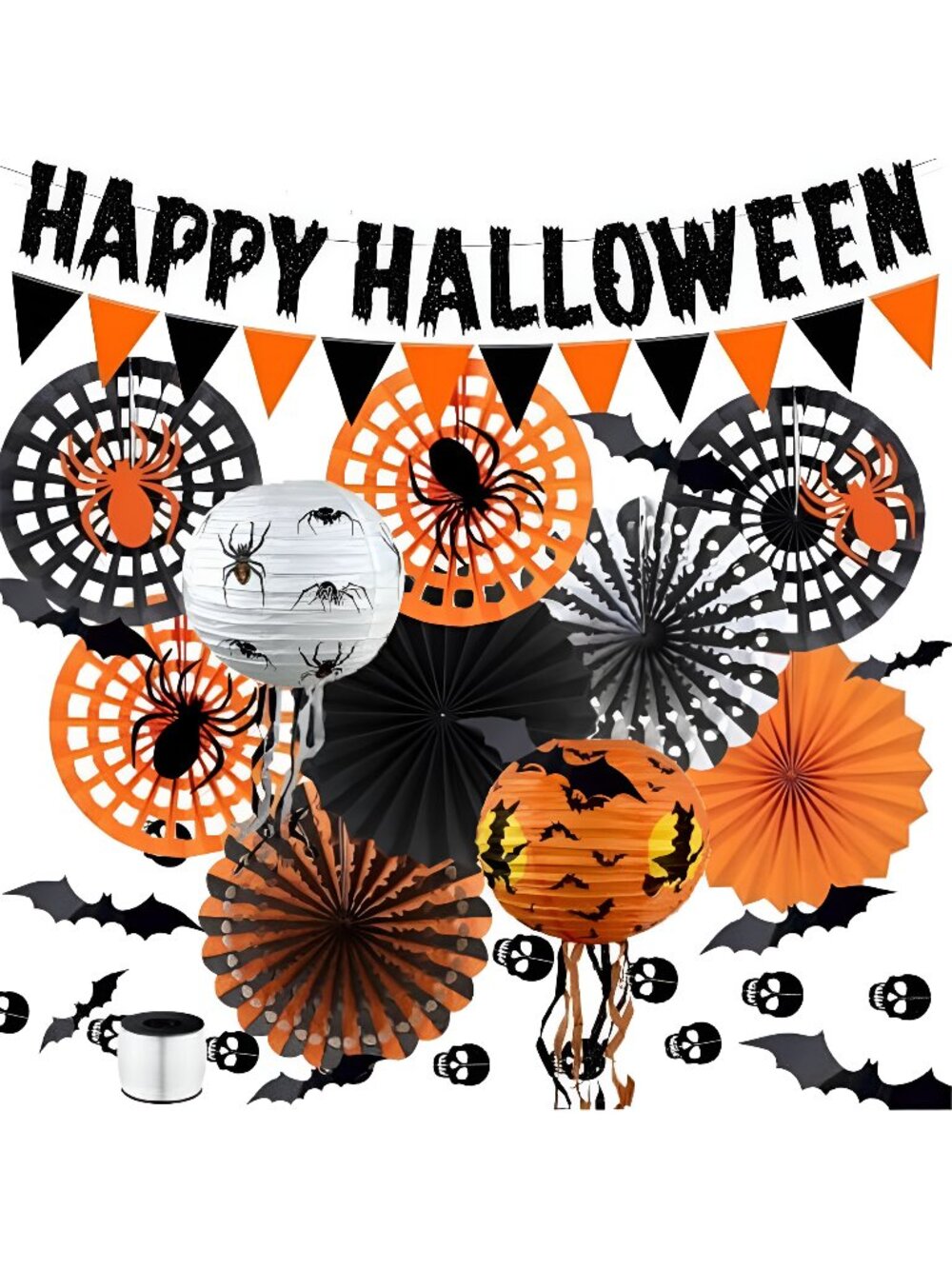 Happy Halloween Banner, Paper Fans, Skull Garland, Lanterns & Bat Stickers